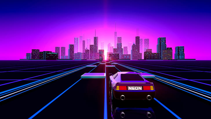 80s Neon City, vehicle, synthwave, purple, cityscape Free HD Wallpaper