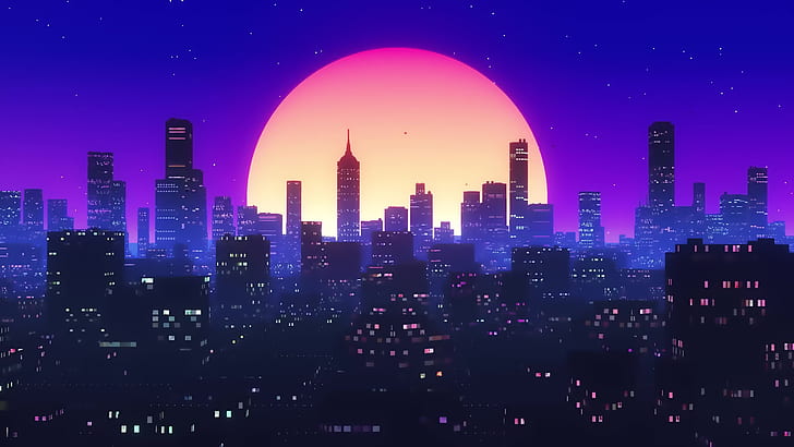 80s Retro Future City, new retro wave, synth, night, outrun Free HD Wallpaper