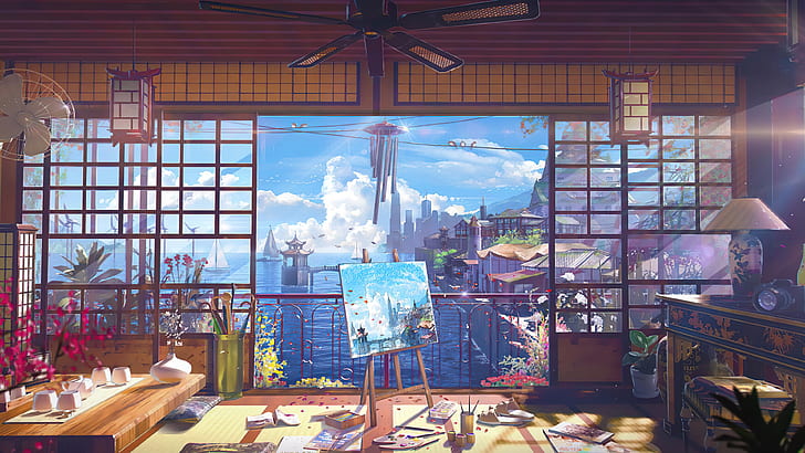 Anime Dorm Room, anime, ocean view, digital art, japanese Free HD Wallpaper