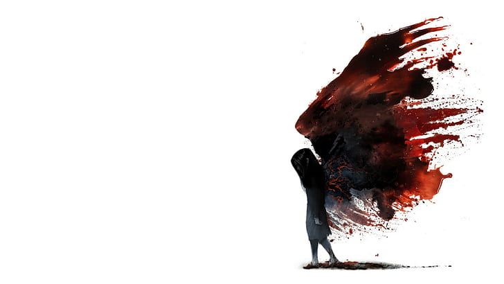 Anime Girl Illustration, white background, blood, angel, minimalism Free HD Wallpaper