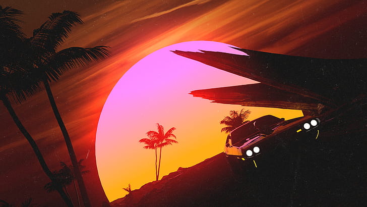 Beach Sunset, vehicles, the sun, retrowave, music Free HD Wallpaper