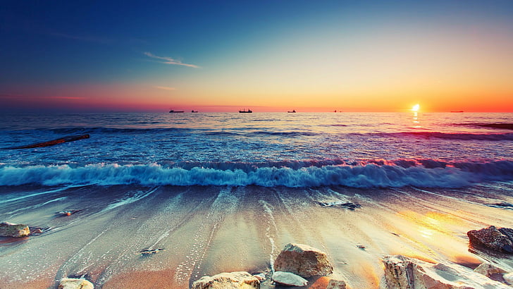 Beautiful Beach Waves, dusk, sunlight, foamy, coast