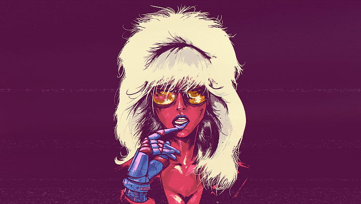 Big-Hair Glasses, looks that kill, retrowave, illustration, minimalism Free HD Wallpaper