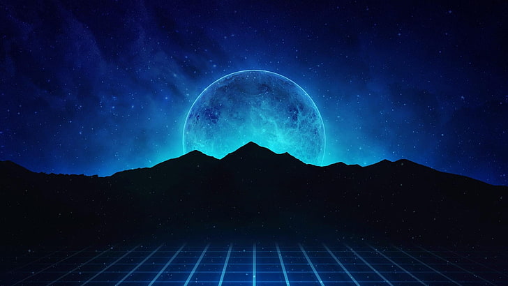 Blue Moon HD, retro, universe, 1980s, mountain Free HD Wallpaper