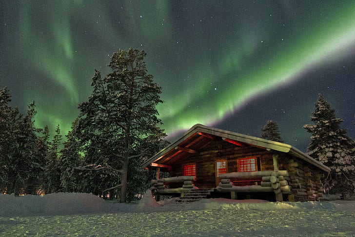 Cabin Northern Light, night, landscape, nature, star  space Free HD Wallpaper