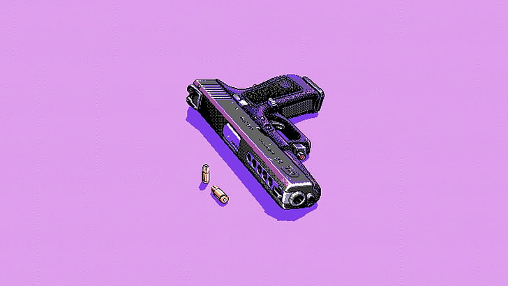 Cannon Pixel Art, handgun, purple background, copy space, studio shot Free HD Wallpaper