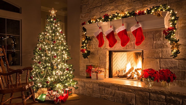 Christmas Tree Fireplace, christmas ornament, nature, christmas decoration, fire Free HD Wallpaper