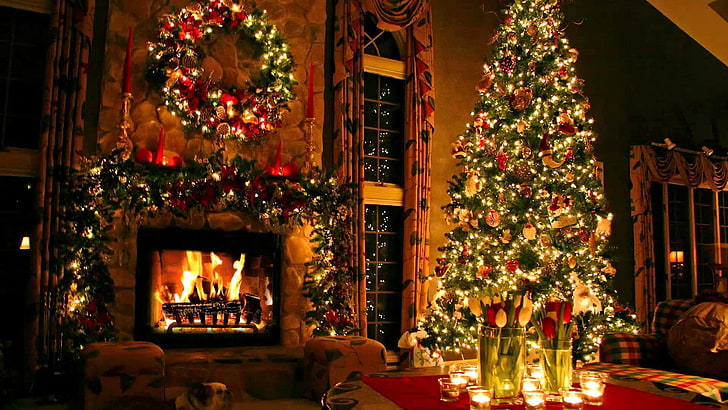 Christmas Tree Near Fireplace, decor, lighting, christmas tree, christmas ornament Free HD Wallpaper