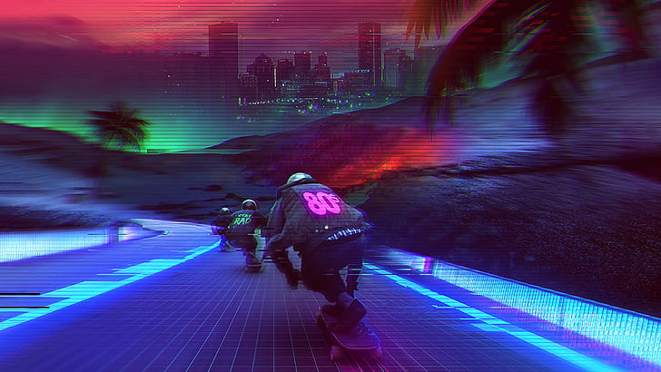 Colorful Digital Art, skateboard, skateboarding, trees, retrowave