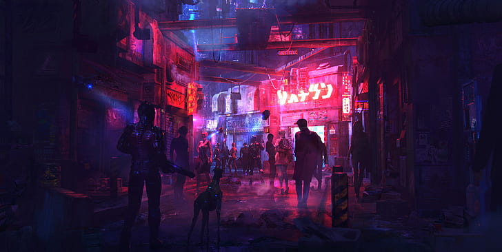 Concept Art Cyberpunk Character Design, stores, neon lights, cyberpunk, people Free HD Wallpaper