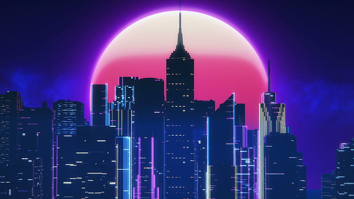 Cool Neon City, futuresynth, synthex, the moon, 80s Free HD Wallpaper