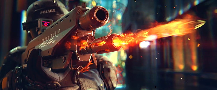 Cyberpunk 2077 Weapons, manufacturing, fire  natural phenomenon, waist up, workshop Free HD Wallpaper