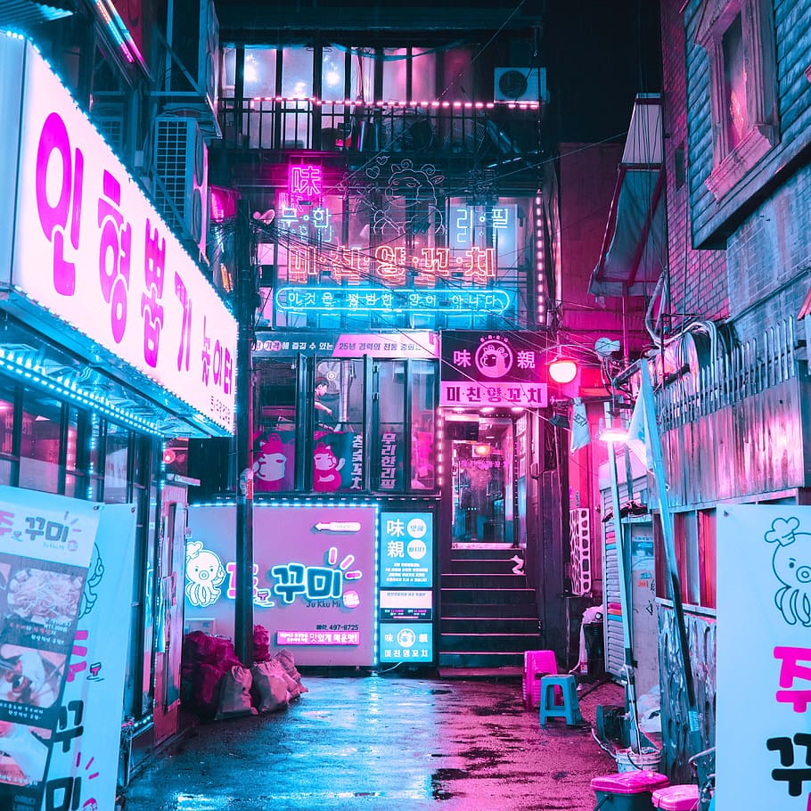 Cyberpunk Cartoon, illuminated, japan, tourism, retro