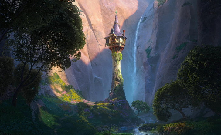 Disney Tangled Tower, rock, flowing, nature, land Free HD Wallpaper