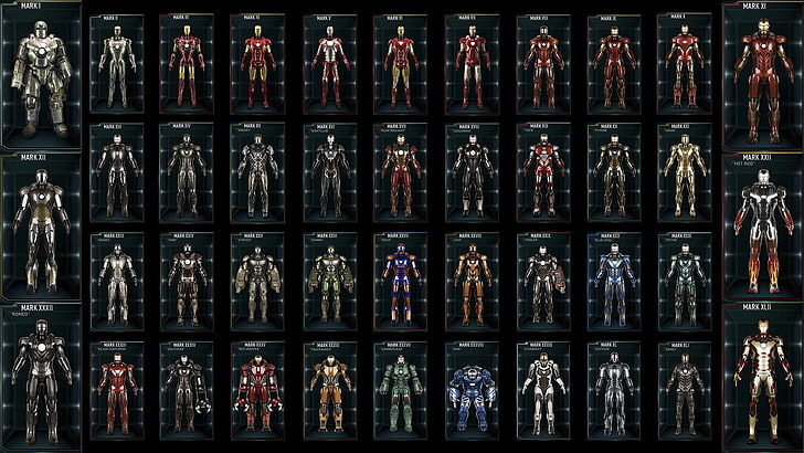 Every Iron Man Suit, iron, full frame, transparent, large group of objects Free HD Wallpaper