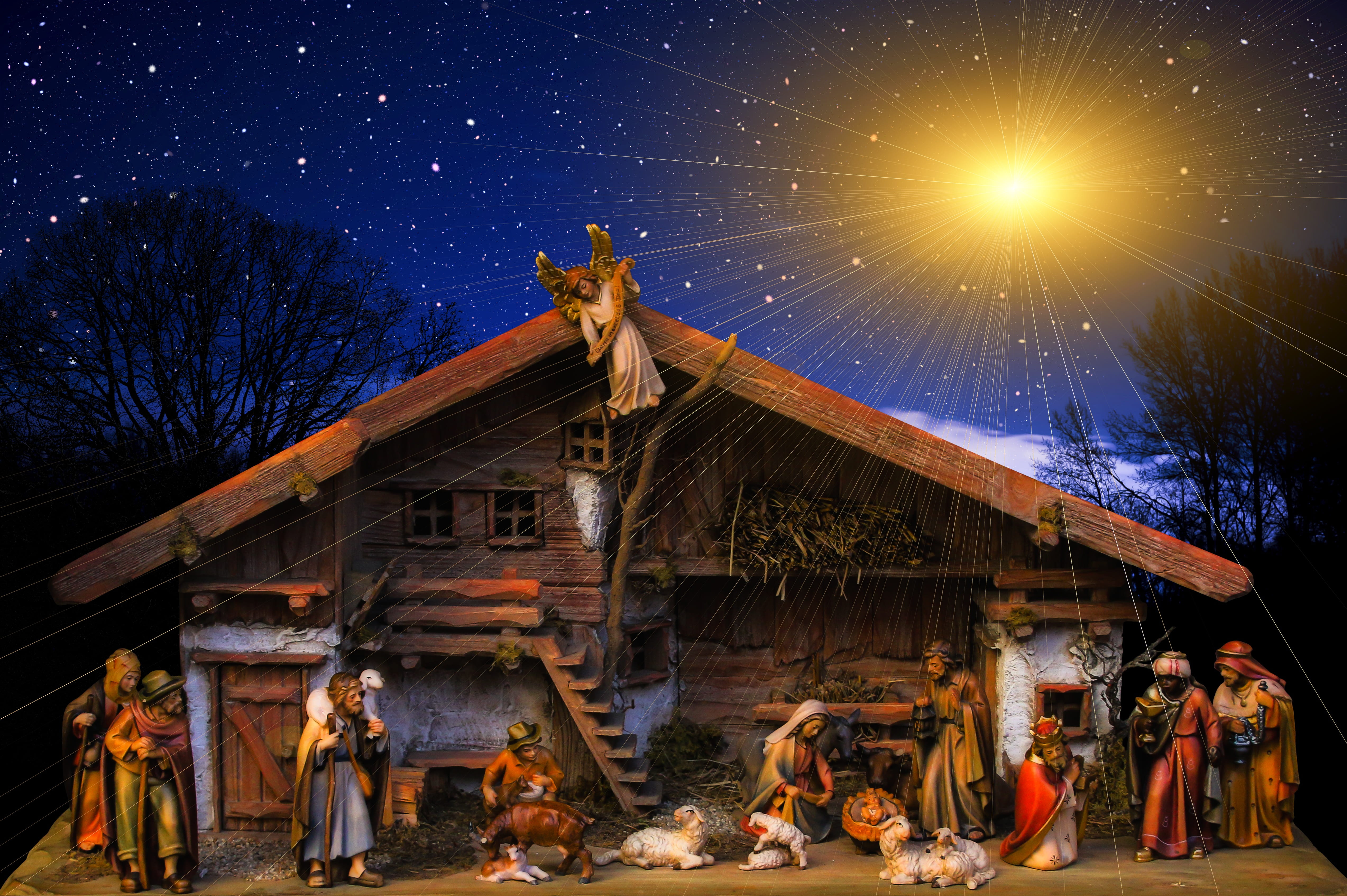 Free Religious Christmas Scenes, rays, star  space, nativity scene, house