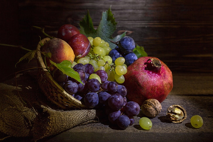 Fruit Bowl Art, plum, nuts, grapes, garnet