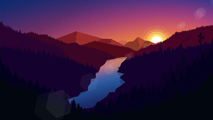 Full Forest, landscape, polygon art, mountains, sunset Free HD Wallpaper