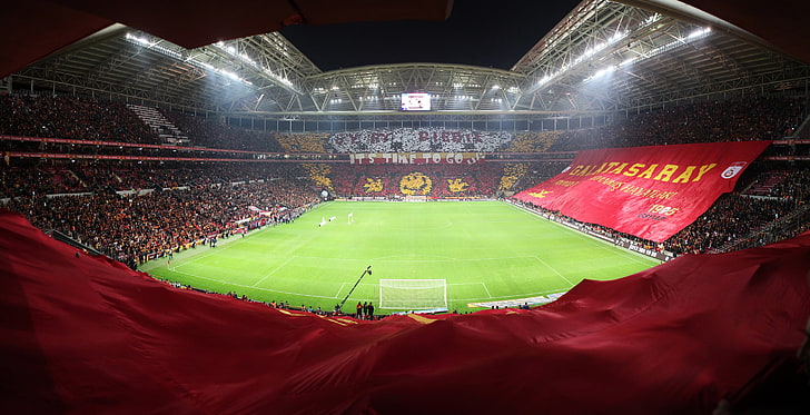 Galatasaray Stadium, people, floodlit, match  sport, red Free HD Wallpaper