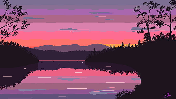 Galaxy Pixel Art Aesthetic, wavestormed, trees, sunset, lake Free HD Wallpaper