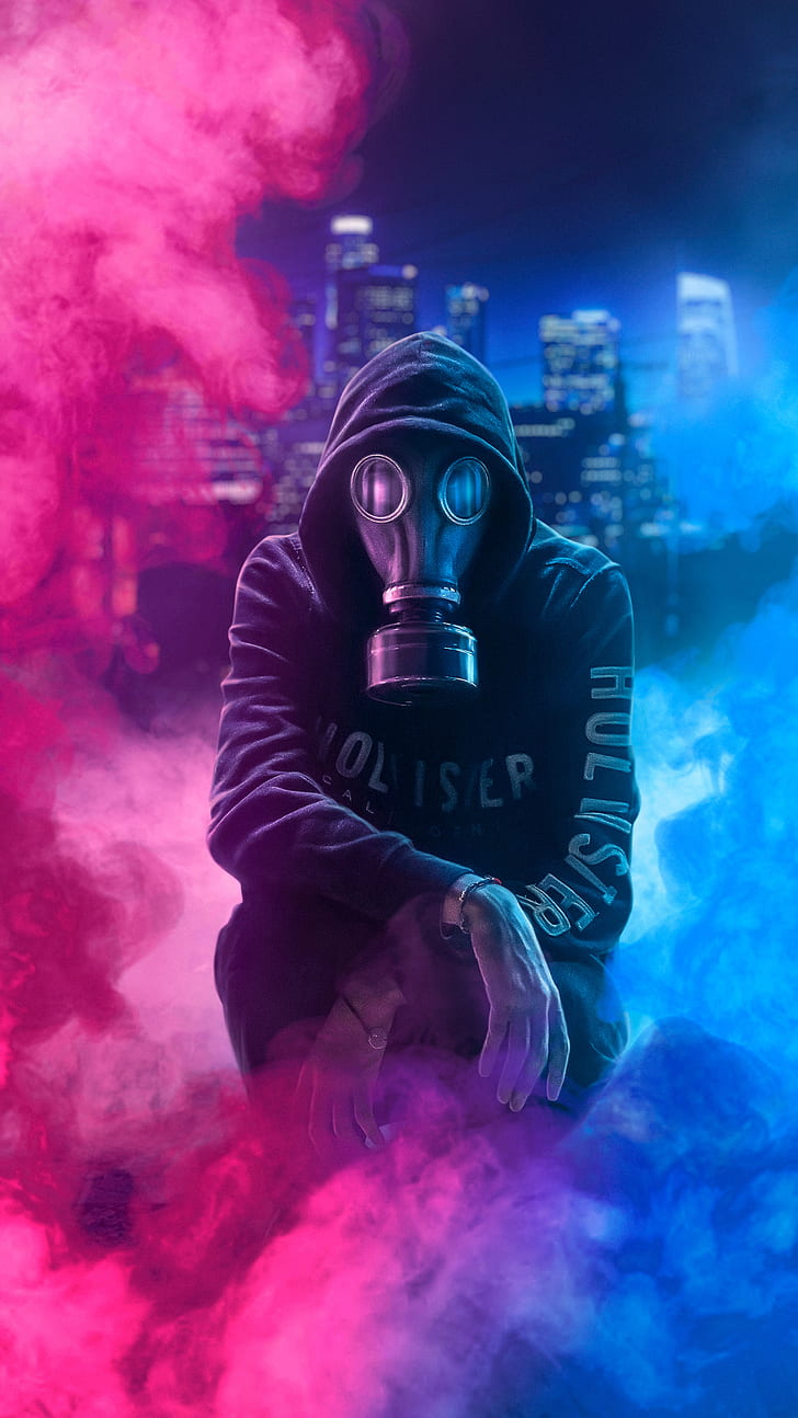 Gas Mask Smoke Bomb, pink, lights, bokeh, concept art Free HD Wallpaper