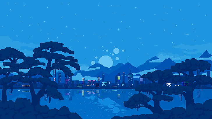 Kawaii Pixel, stars, cityscape, trees, blue background Free HD Wallpaper