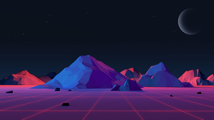 Low Poly Waterfall, mountains, art, futuresynth, synthwave Free HD Wallpaper