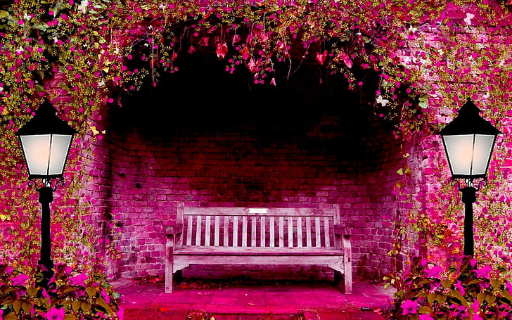 Metal Garden Bench, garden, pink, spring garden, spring Free HD Wallpaper