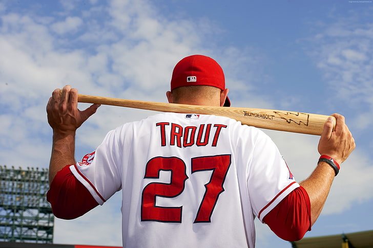 Mike Trout Lightning, sky, waist up, red, front view Free HD Wallpaper