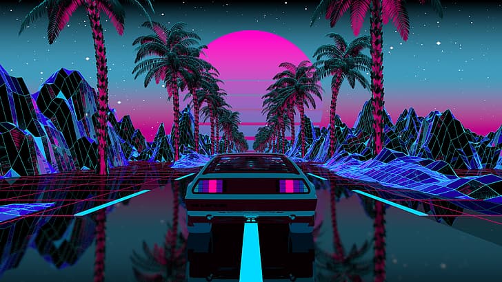 Neon Gaming, car, sun, moon, 3d abstract Free HD Wallpaper