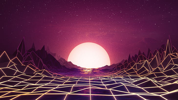 Neon Sunset HD, synthwave, the sun, music, sunset