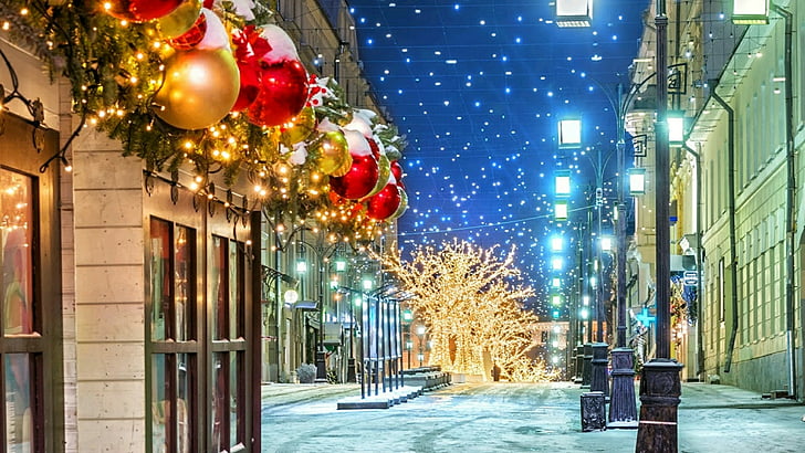 NYC Christmas Decorations, night, window, snow, russia Free HD Wallpaper