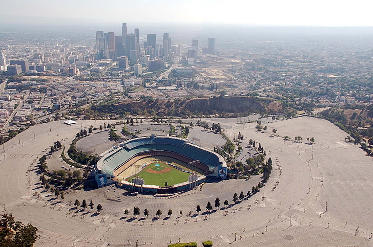 Old Dodger Stadium, day, city, high angle view, skyscraper Free HD Wallpaper