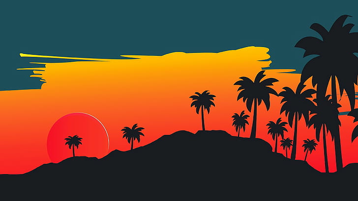 Palm Tree Sunset Art, palm trees, synthwave, illustration, minimalism