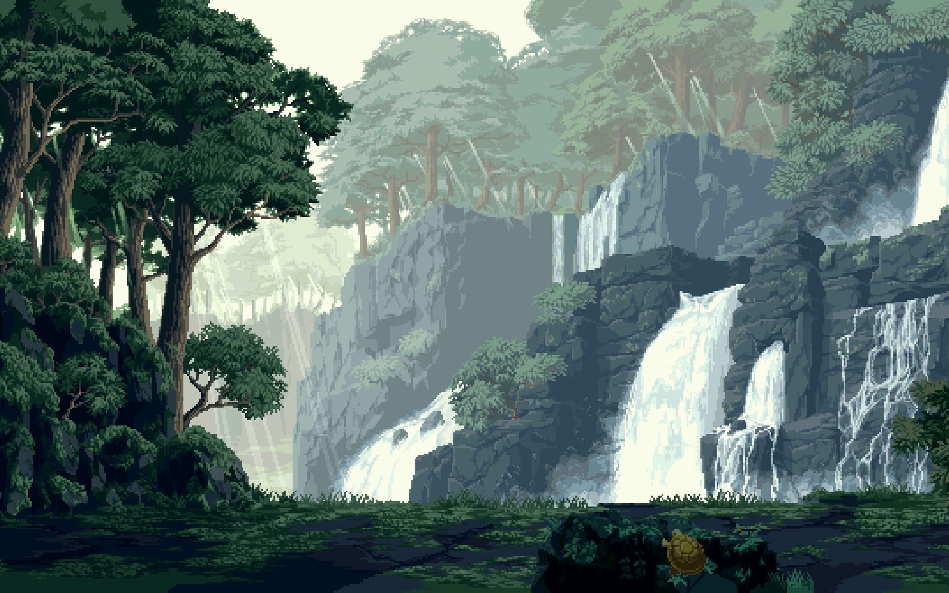 Pixel Art Waterfall, tranquility, growth, day, summer