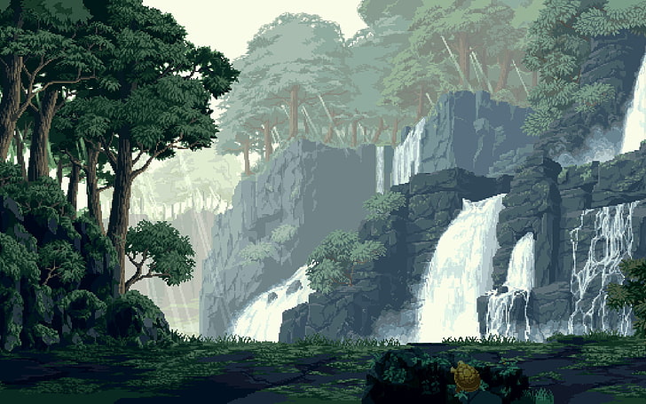 Pixel Art Waterfall, tranquility, growth, day, summer Free HD Wallpaper