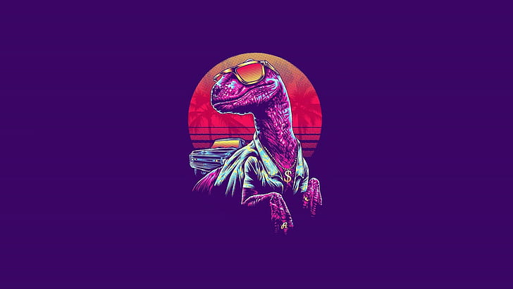 Retro 80s Neon Art, dinosaur, glasses, neon, velociraptor Free HD Wallpaper
