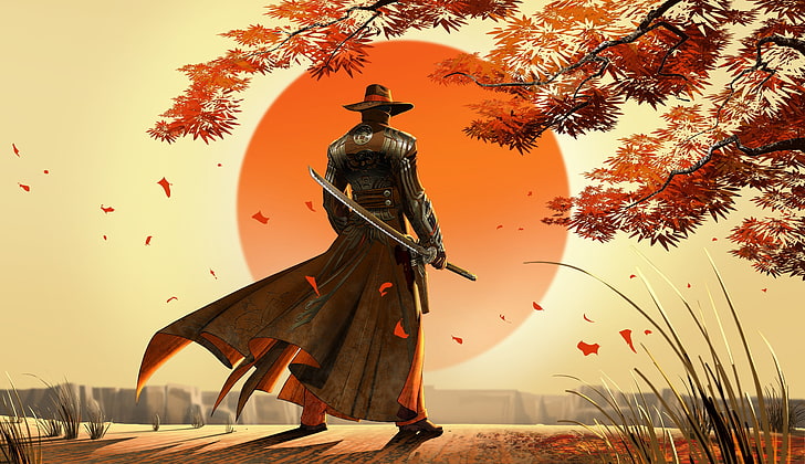 Samurai Warrior Art, tree, male likeness, nature, video games Free HD Wallpaper