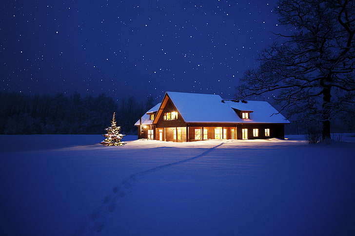 Solemn House Night Snow, blue, season, cold temperature, mountain Free HD Wallpaper