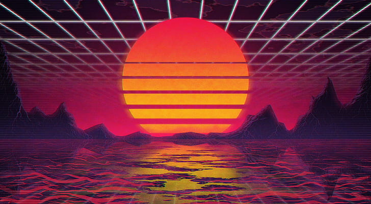 Sun with Retro 80s Neon, music, retrowave, star, futuresynth Free HD Wallpaper