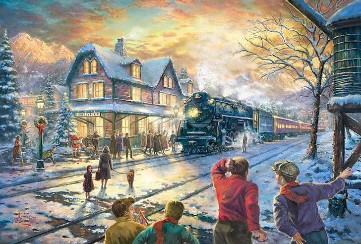 Thomas Kinkade Night Before Christmas, spruce, outdoors, city, all aboard for christmas Free HD Wallpaper