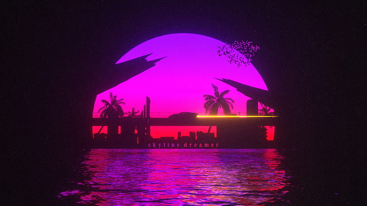 Zoomer Robot Cat, the sun, neon, synth, new retro wave Free HD Wallpaper