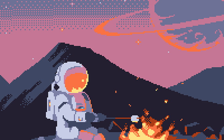 Astronaut 2D Sprite, fire, pixel art, universe, pixelated Free HD Wallpaper