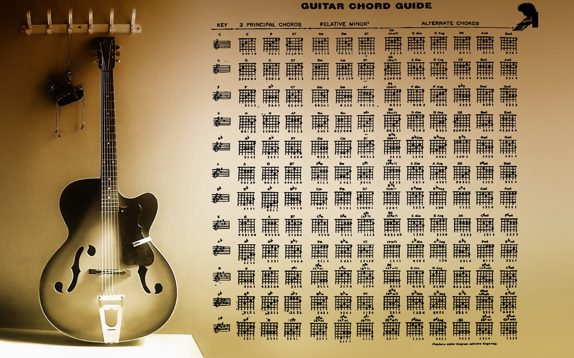 Basic Guitar Chords, retro styled, acoustic guitar, architecture, text