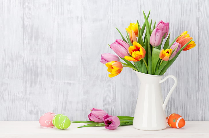 Bouquet of Tulips White, the painted eggs, pink tulips, pink, easter Free HD Wallpaper