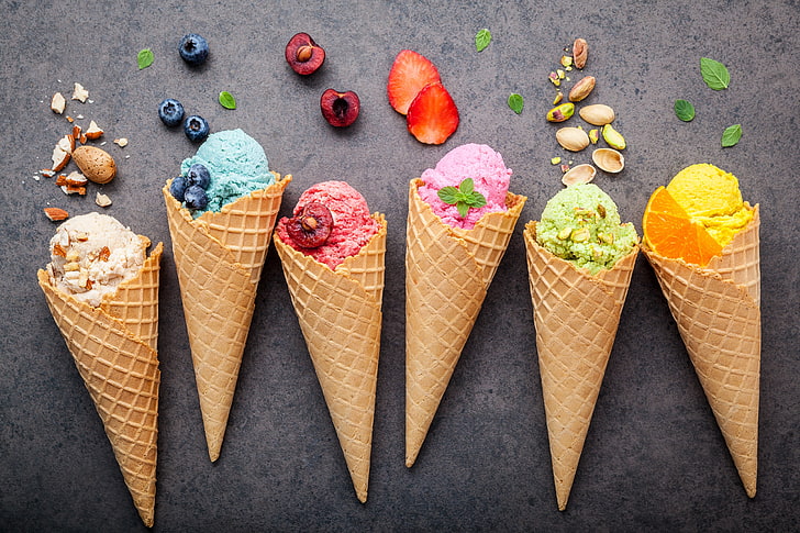 Colored Ice Cream Cones, indulgence, frozen food, frozen, gray background
