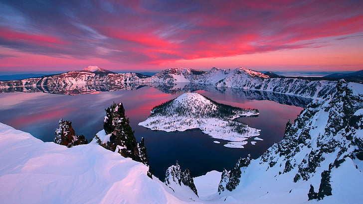 Crater Lake Oregon Winter, tourism, water, wilderness, vacation Free HD Wallpaper