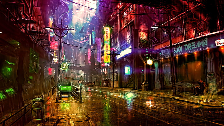 Cyberpunk Building, neon, road, artwork, street light Free HD Wallpaper