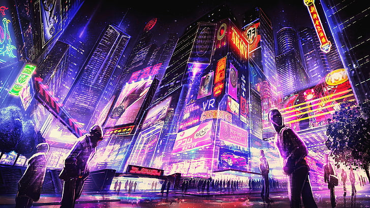 Cyberpunk City, neon, office building exterior, city, motion Free HD Wallpaper