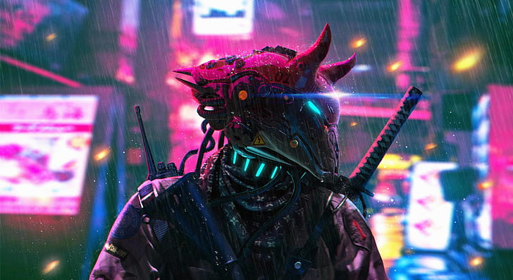 Cyberpunk Wall Art, katana, neon lights, rain, cyberpunk Free HD Wallpaper